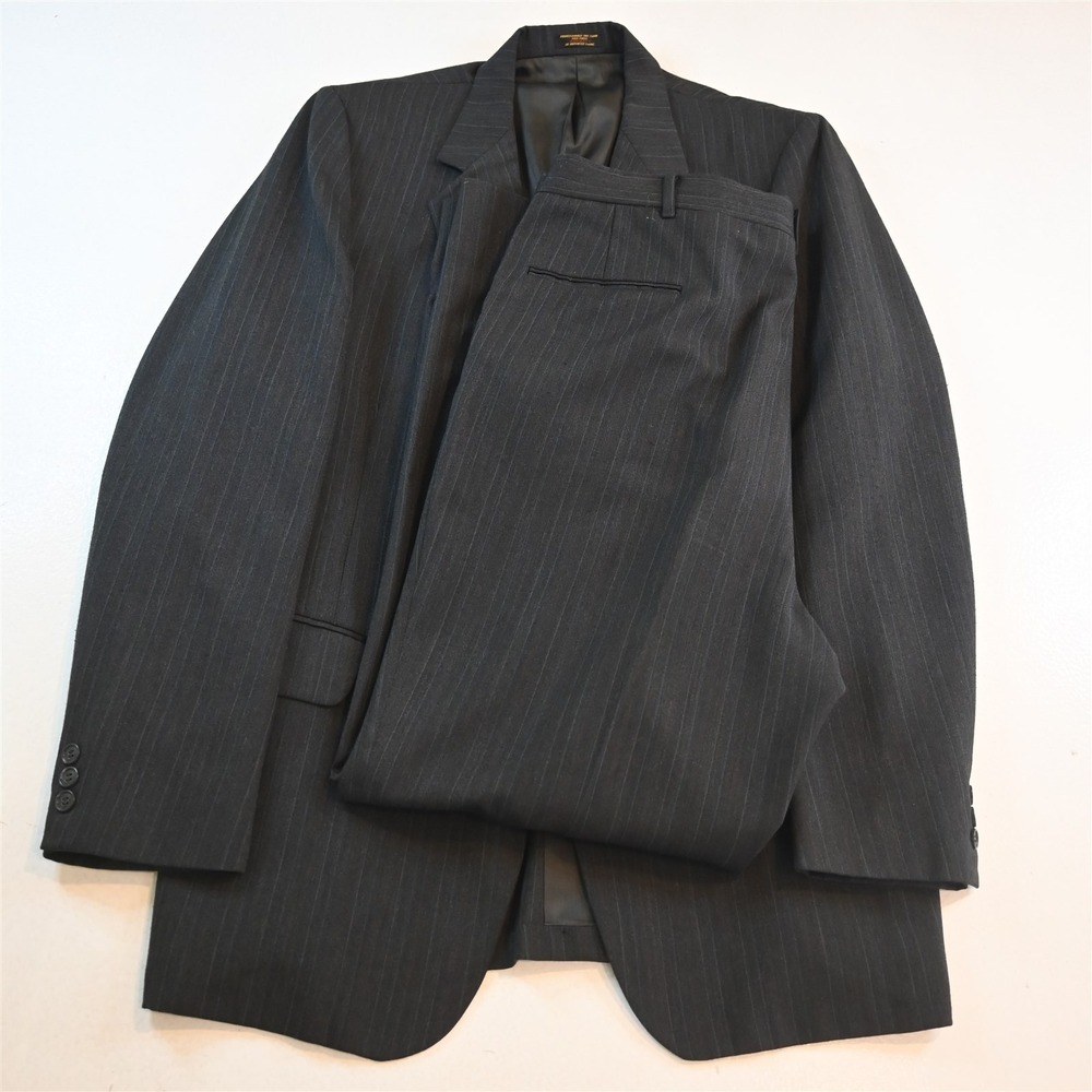 Vtg USA Made 44L 36x32 Gray Striped Wool Mens Jacket Pants Suit